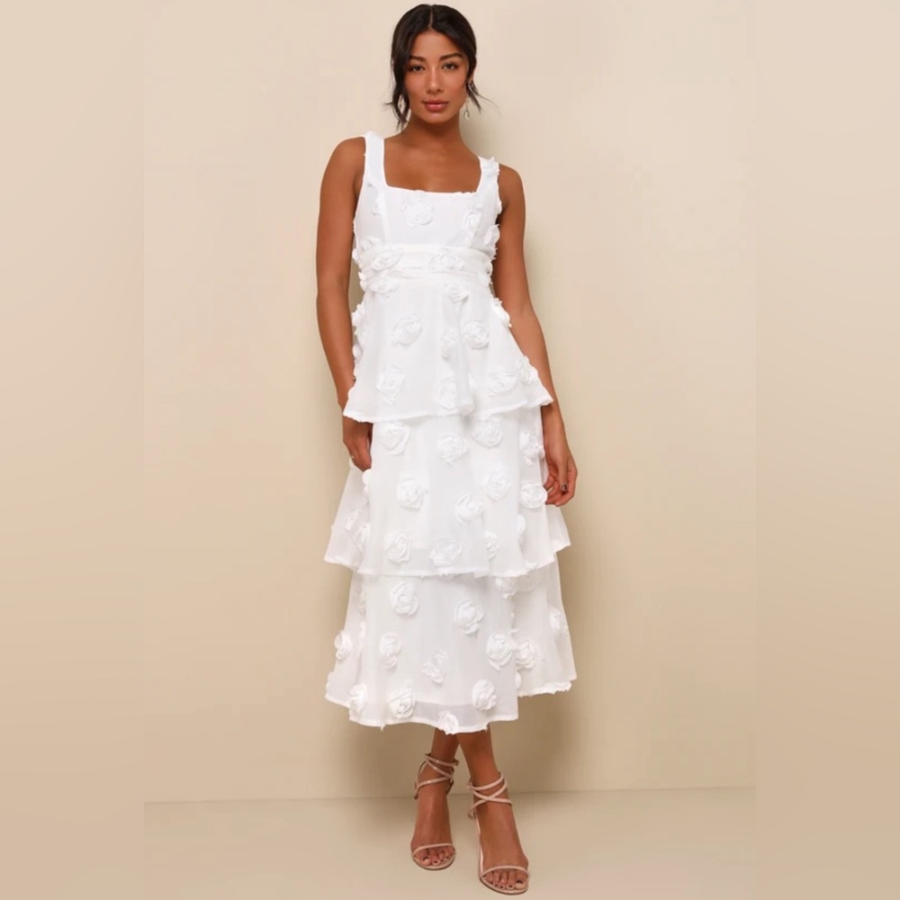 Lulus Exceptional Entrance White Sleeveless Tiered Rosette Midi Dress Bridal L